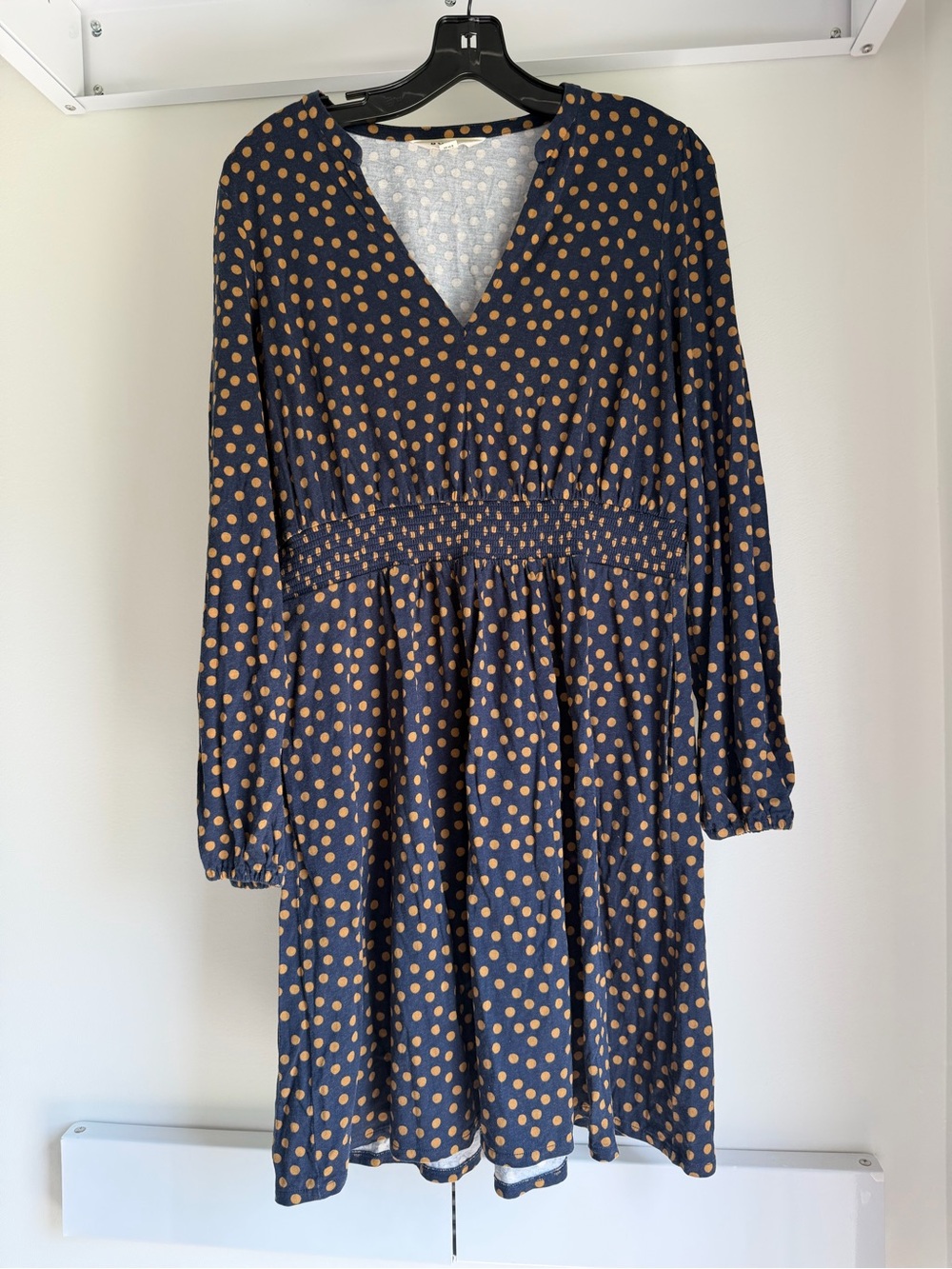 Navy Blue Polka Dot V-Neck Long Sleeve Dress